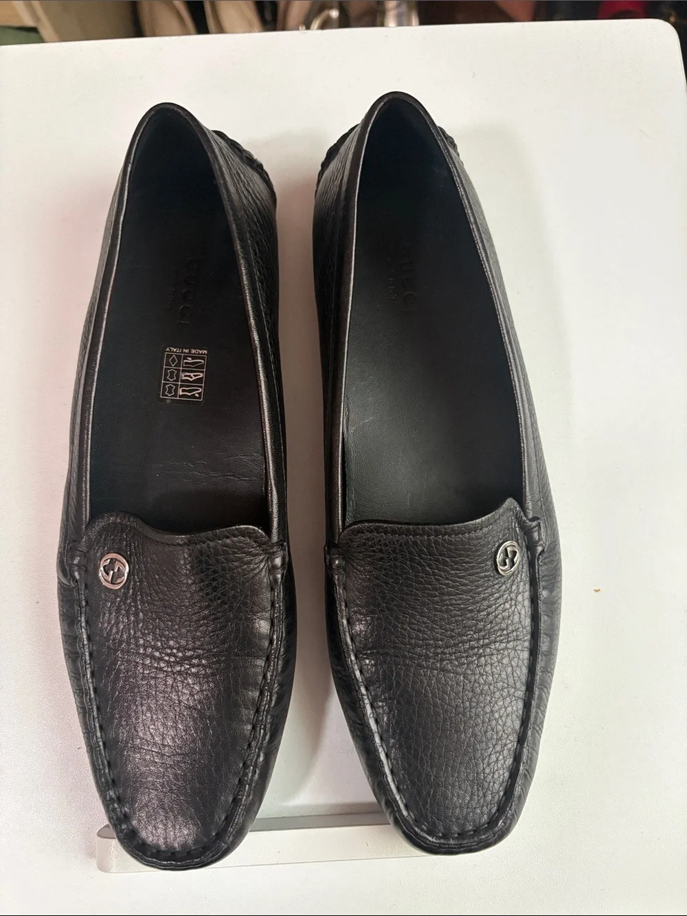 Gucci Black Pebbled Leather Slip-On Loafers with Silver Logo